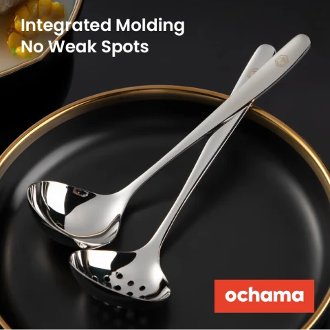 J.Zao 304 Stainless Steel Ladle and Slotted Spoon Set, 2 Pieces  Long Handle, Extra Deep Bowl, Colander Mirror Polishing
