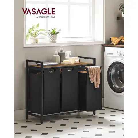 VASAGLE Laundry Basket - 3-Compartment Storage Basket - Metal Frame - 92.5 x 33 x 72 cm 3 x 38 L