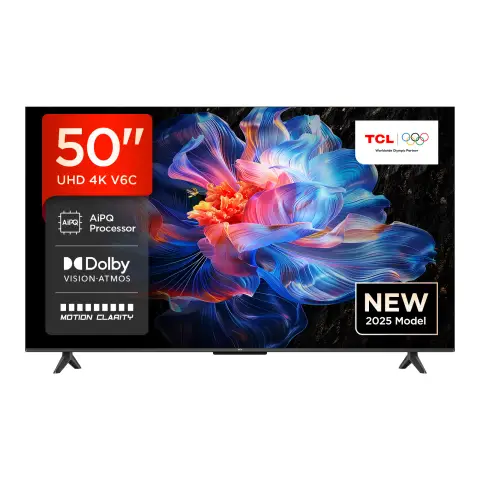TCL 50V6C 50” Direct LED TV, 4K HDR TV, Smart TV Powered by Google TV (Dolby Vision & Atmos, Motion clarity, compatible with Google Assistant & Alexa)