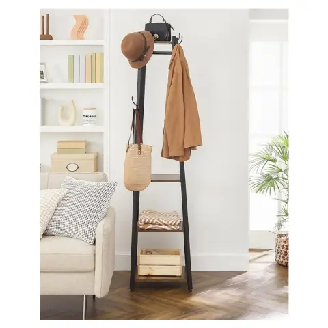 VASAGLE Porte-manteau échelle industriel 3 étagères avec crochets rustique marron noir
