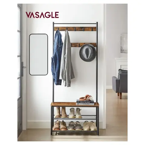 VASAGLE Porte-manteau industriel avec banc et rangement chaussures métal marron/noir 175 cm