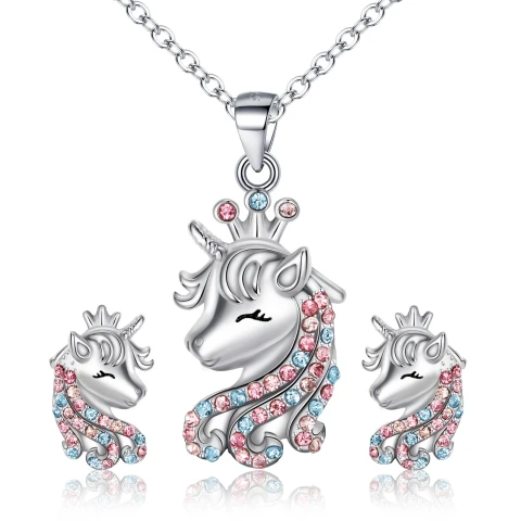 Unicorn Jewelry Set for Girls, 925 Sterling Silver CZ Unicorn Necklace Earrings Set Birthday Christmas Jewellery Gifts for Daughter Granddaughter