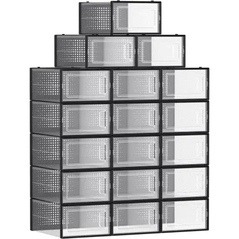 SONGMICS Schuhaufbewahrungsboxen, Schuh-Organizer, Kunststoffboxen, faltbar, stapelbar – 18er-Set – Schwarz