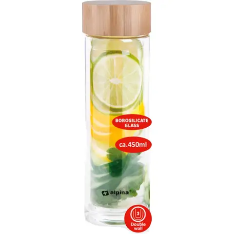 Alpina Thermos Bottle with Filter Glass Thermos Double Wall Sleeve - Borosilicate Glass 450ml