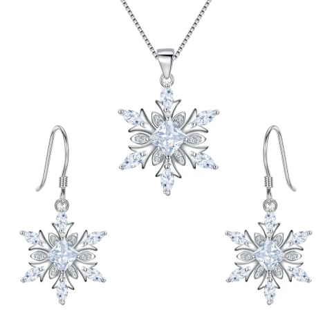 Ever Faith Snowflake Jewelry Set, 925 Sterling Silver Cubic Zirconia, Winter Snowflake Necklace Earrings Set