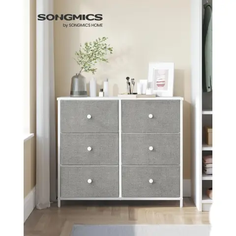 SONGMICS Chest of Drawers - 6 Fabric Drawers with Metal Frame - Light Grey and White 6 Drawers-grey