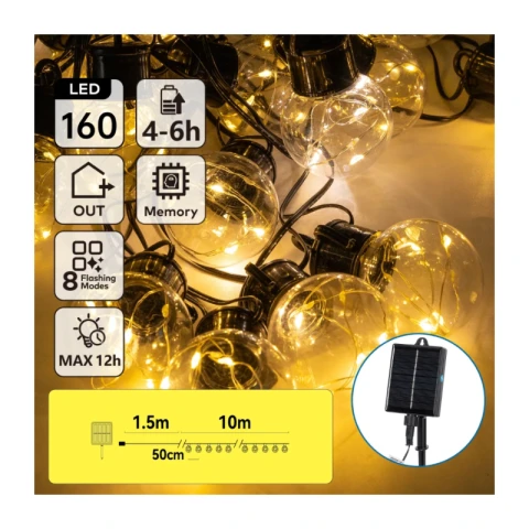 Aigostar Lichterkette/Solar/G50 Kupferdraht Lichter/1,5M+10M/160LED/50CM Abstand/8 Funktionen/IP65