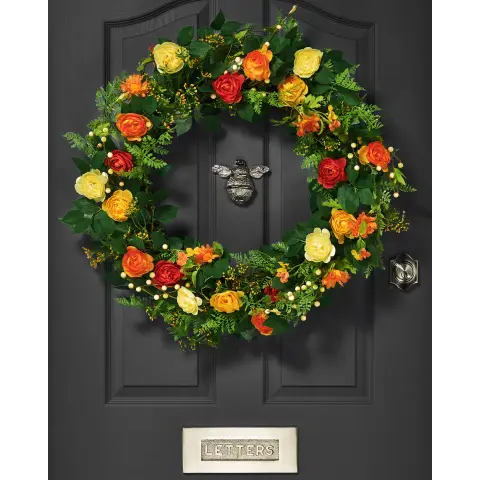 WeRChristmas Large Artificial Floral Rose Spring Wreath, Orange, 28 Inch