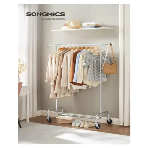 SONGMICS Portant roulettes Robust Rail extensible 130kg Chrome Argent 45x(110-150)x162.9cm
