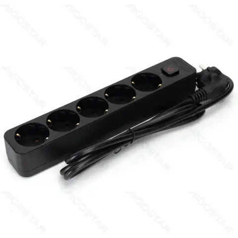 Aigostar Steckdosenleiste mit Kabel/Deutsch 5-fach/3G1.5mm2/1.5m/Mit quadratischem Schalter/Rechteckig/Schwarz/PP/Linien