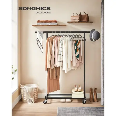 Heavy Duty Clothes Rack Wheeled Coat Rack Load up to 90 kg with Pull-out Clothes Rod Folding Base Shelf for boxes ‎132 x 45.4 x 160 cm
