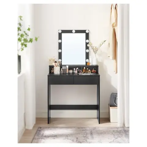 VASAGLE Dressing Table with LED Lighting, Adjustable Brightness, Dressing Table with Mirror, Cosmetic Table with 2 Drawers and 3 Open Compartments, Modern Black