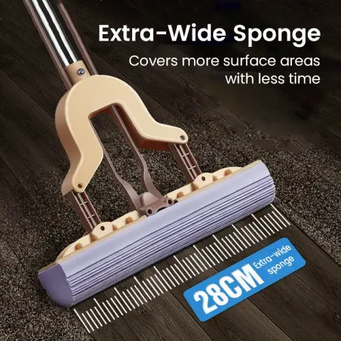 H.XUN Sponge Mop with 2 Replacement Sponge Heads - Home Use, High Absorbency, Absorbent Mop Hand-Free Washing, Effortless Wringing