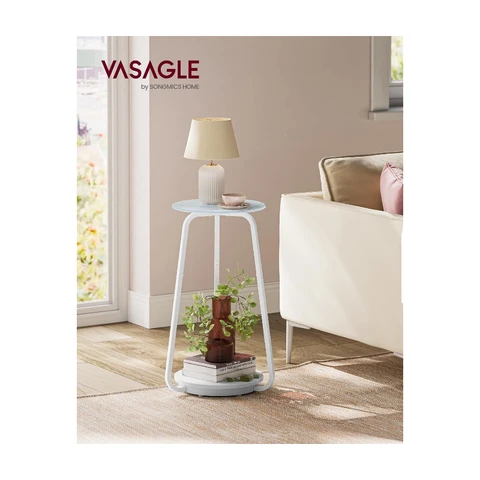 VASAGLE Ronde bijzettafel met 2 legplanken, bankbijzettafel met glazen bovenglas en MDF legplank, voor woonkamer, slaapkamer en kleine ruimtes, moderne marmerlook wit