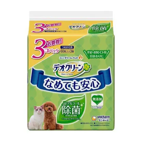 Sofy unicharm Deo-toilet Alcohol-Free Disinfectant Wet Wipes for Dogs & Cats 60pcs x 3 packs