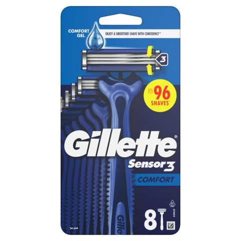 Gillette Sensor3 Comfort, Disposable Shaving Razors For Men, Men’s Razors With Lubrastrip , 8 Pack