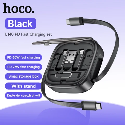 HOCO 6 in 1 Retractable Charging Cable Kit with Phone Holder, Multifunctional Storage Box with Multi-Type Cable Adaptors - Black