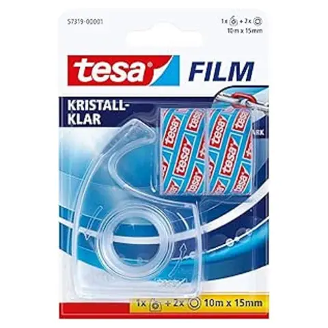 tesa Klar Klebeband 10 m x 15 mm, 2 Rollen + Spender