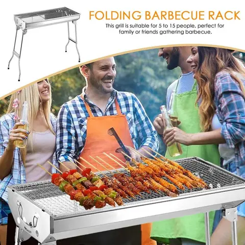 Grill à charbon portable pliant en acier inoxydable Huacan pour camping, plage, pique-niques, outils BBQ four à deux étages argenté
