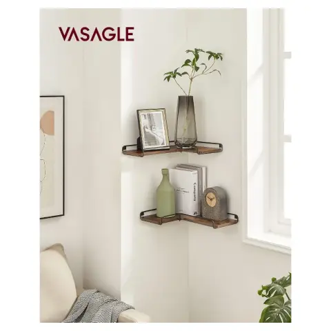 VASAGLE Set of 2 L-Shaped Corner Wall Shelves, Industrial Style Rustic Brown & Black