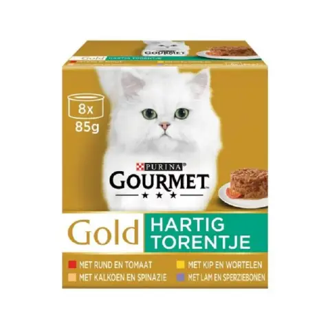 Gourmet Nourriture humide pour chat Bœuf Tomate, Poulet Carotte, Dinde Épinards et Agneau Haricots verts 8x85g