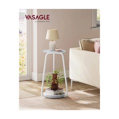 VASAGLE Table de chevet ronde 2 niveaux plateau verre étagère panneau bois marbre blanc moderne