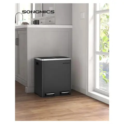 SONGMICS 15L Double Kitchen Bin Pedal Waste Recycling Steel Soft Close 15 Liners Ink Black