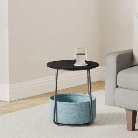 VASAGLE Table d'Appoint Ronde Moderne Noir Grain de Bois Turquoise Foncé avec Panier en Tissu Salon Chambre