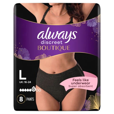 Always Discreet Boutique Incontinence Pants Women Black Plus, L, 8 Pants