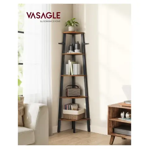 VASAGLE Industrial 5-Tier Ladder Bookcase, Steel Frame Rustic Brown & Black, Living Room Storage