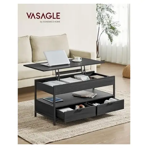 VASAGLE Table basse relevable tiroirs rangement compartiments caches gris noir