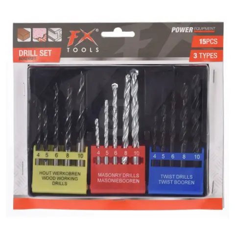 FX Tools Boorset 15 delig - 5x Metselboren - 5x Houtboren - 5x Metaalboren