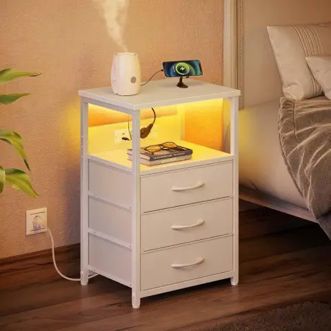 Seventable Three fabric drawer side table with power and light - matte white Hemp White