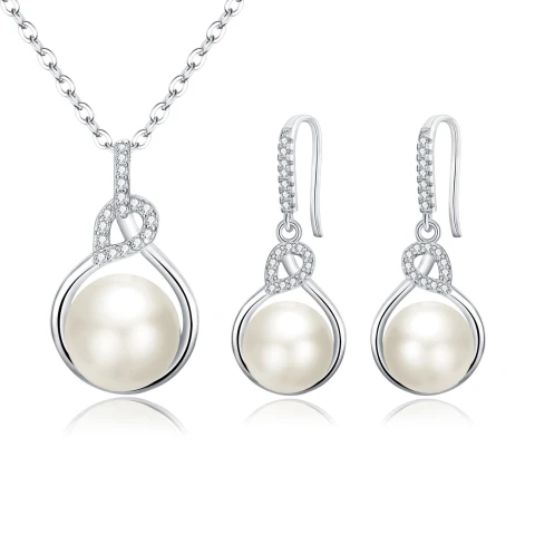 Ever Faith Women's 925 Sterling Silver Freshwater Pearl Pendant Necklace Cubic Zirconia Dangle Earrings Valentines/Birthday/Christmas/Mother's Day Jewellery Set Gift for Mom/Wife/Girlfriend