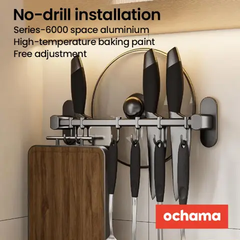 J.Zao Wandmontiertes bewegliches Rack mit Haken - No-Drill, Space Aluminium Rail Bar, Ideal für