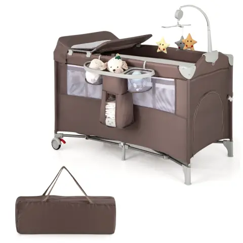 COSTWAY 5 in 1 Beistellbett klappbar Reisebett mit Matratze 2 Ebene Babybett mit Rollen Braun