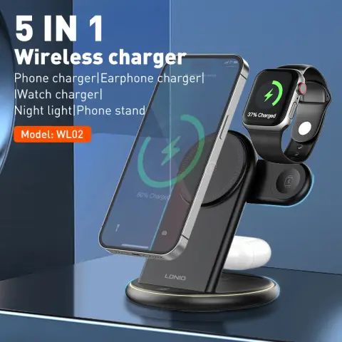 LDNIO 5 in 1 Wireless Charger Stand - Black