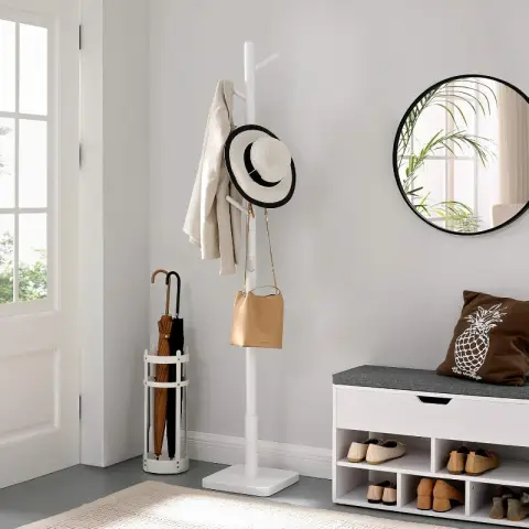 VASAGLE Porte-Manteau en Bois d’Hévéa Blanc Nuage, Autoportant avec 8 Crochets & 3 Hauteurs Réglables