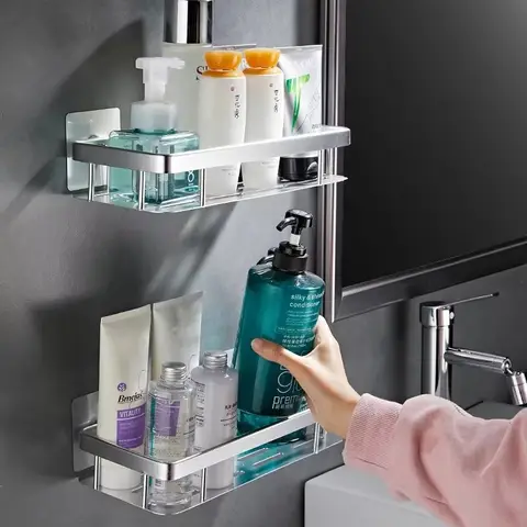 Lot de 2 Étagères de Salle de Bain Sans Perçage – Supports de Douche Carrés – Argen