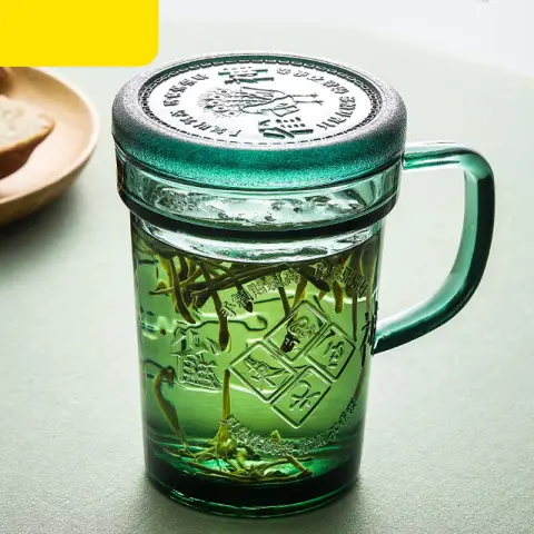 H.XUN Glas-Wasserbecher mit chinesischer Kultur-Design (auch als Teetasse, Frühstückstasse geeignet) – mit Deckel, 450 ml