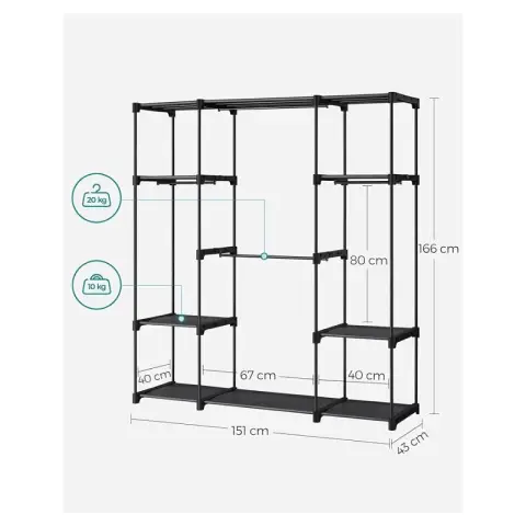 SONGMICS RYG036B02 Open Wardrobe, Clothes Rail, 43 x 151 x 166 cm, 4 Hanging Compartments, Large Spa