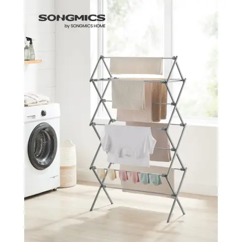 SONGMICS Clothes Airer Folding Compact Space Saving Steel Frame - 37 x 75 x 135.1 cm Foldable Clothes Rack - Easy Assembly Indoor Outdoor Grey