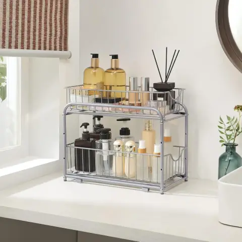 SONGMICS 2-Tier Sliding Basket Under Sink Organizer, Stackable for Kitchen & Bathroom, Silver