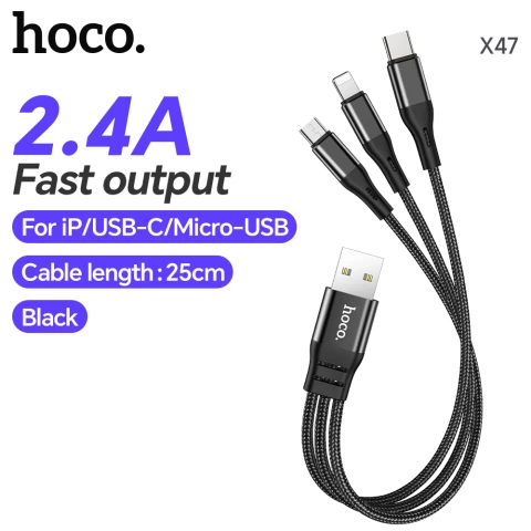 HOCO X47 3-in-1 Harbor 2.4A fast charging cable(iP+Micro+Type-C) - 0.25M black