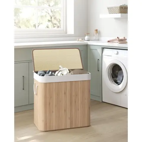 SONGMICS Laundry Basket with Lid Bamboo - 3 Compartments - Foldable - ‎60 x 40 x 61.5cm - 150L Wooden