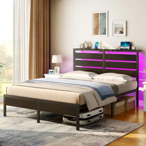 Rolanstar 160x200 cm LED headboard bed frame with power strips for charging functions Black 160 cm×200 cm