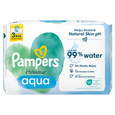 Pampers Harmonie Aqua Baby Wipes Plastic Free 3 Packs of 48 Wipes
