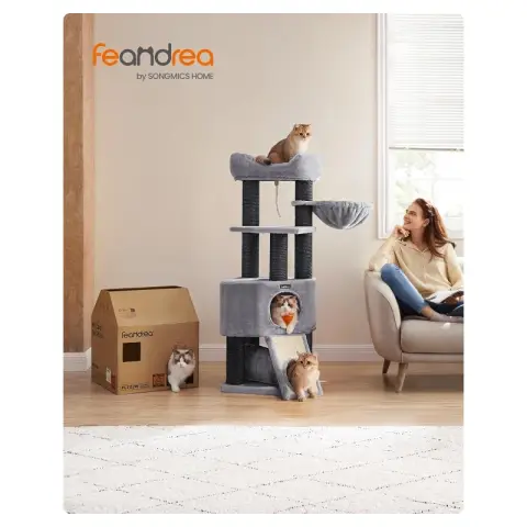 FEANDREA Grand Arbre à Chat Perche Doudou Panier Cabane Épais Poteaux Sisal Gris Clair