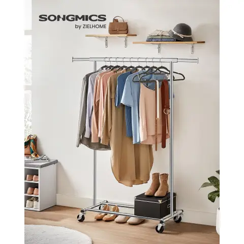 Heavy Duty Clothes Rack Wheeled Coat Rack Load up to 90 kg with Pull-out Clothes Rod Folding Base Shelf for boxes ‎132 x 45.4 x 160 cm