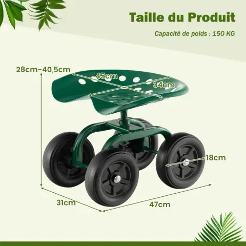COSTWAY Siège de jardin roulant pivotant à 360° et réglable en hauteur - Vert